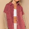 Contrast Sweater Sleeve Button Down Shacket - Rose/Beige