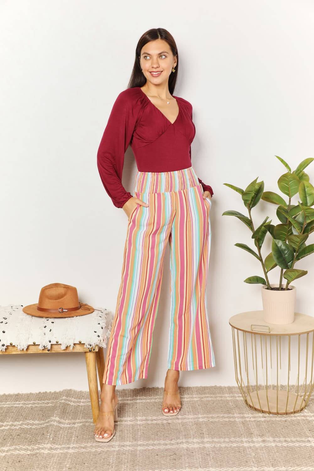 DOUBLE TAKE Striped Smocked Waist Pants with Pockets at Bella Road