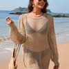 Backless Boat Neck Long Sleeve Cover Up - Tan