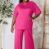 Round Neck Slit Top and Pants Set | Full Size - Hot Pink