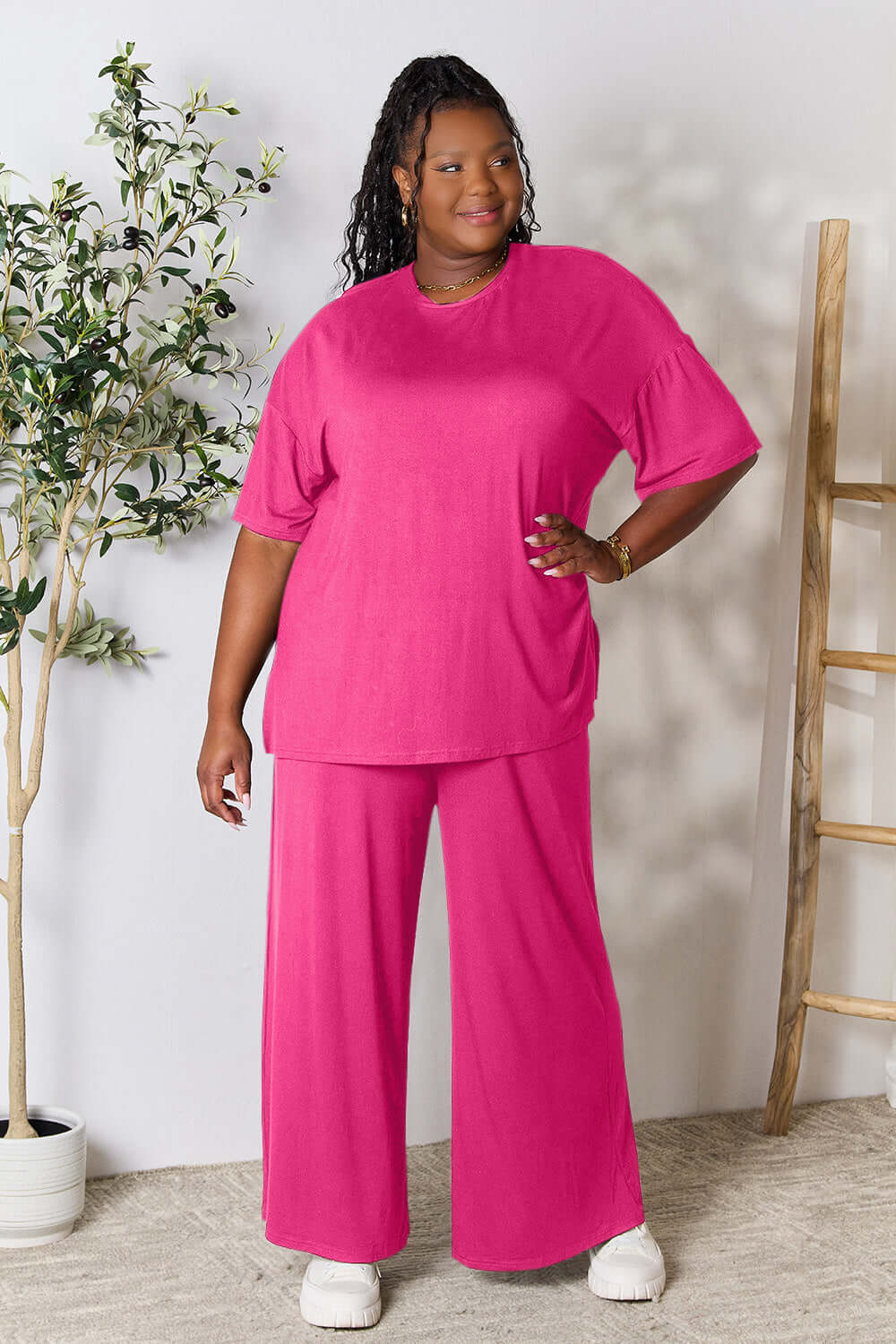 DOUBLE TAKE Full Size Round Neck Slit Top and Pants Set at Bella Road