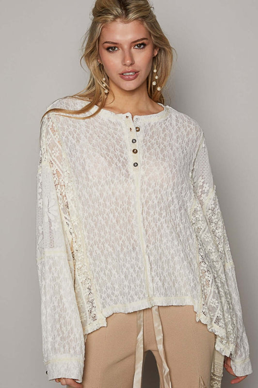 POL Round Neck Long Sleeve Raw Edge Lace Top at Bella Road
