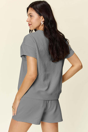 DOUBLE TAKE Full Size Texture Short Sleeve T-Shirt and Drawstring Shorts Set at Bella Road