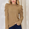 Ribbed Mock Neck Puff Sleeve T-Shirt - Khaki