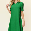 Texture Collared Neck Short Sleeve Dress | Full Size - Mid Green