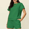 Texture Short Sleeve T-Shirt and Drawstring Shorts Set | Full Size - Mid Green