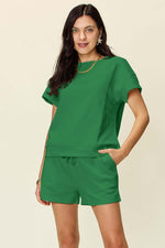 DOUBLE TAKE Full Size Texture Short Sleeve T-Shirt and Drawstring Shorts Set at Bella Road