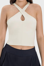 Stylish Millennia Crisscross Grecian Neck Active Cami in light color, perfect for workouts and gym fashion.