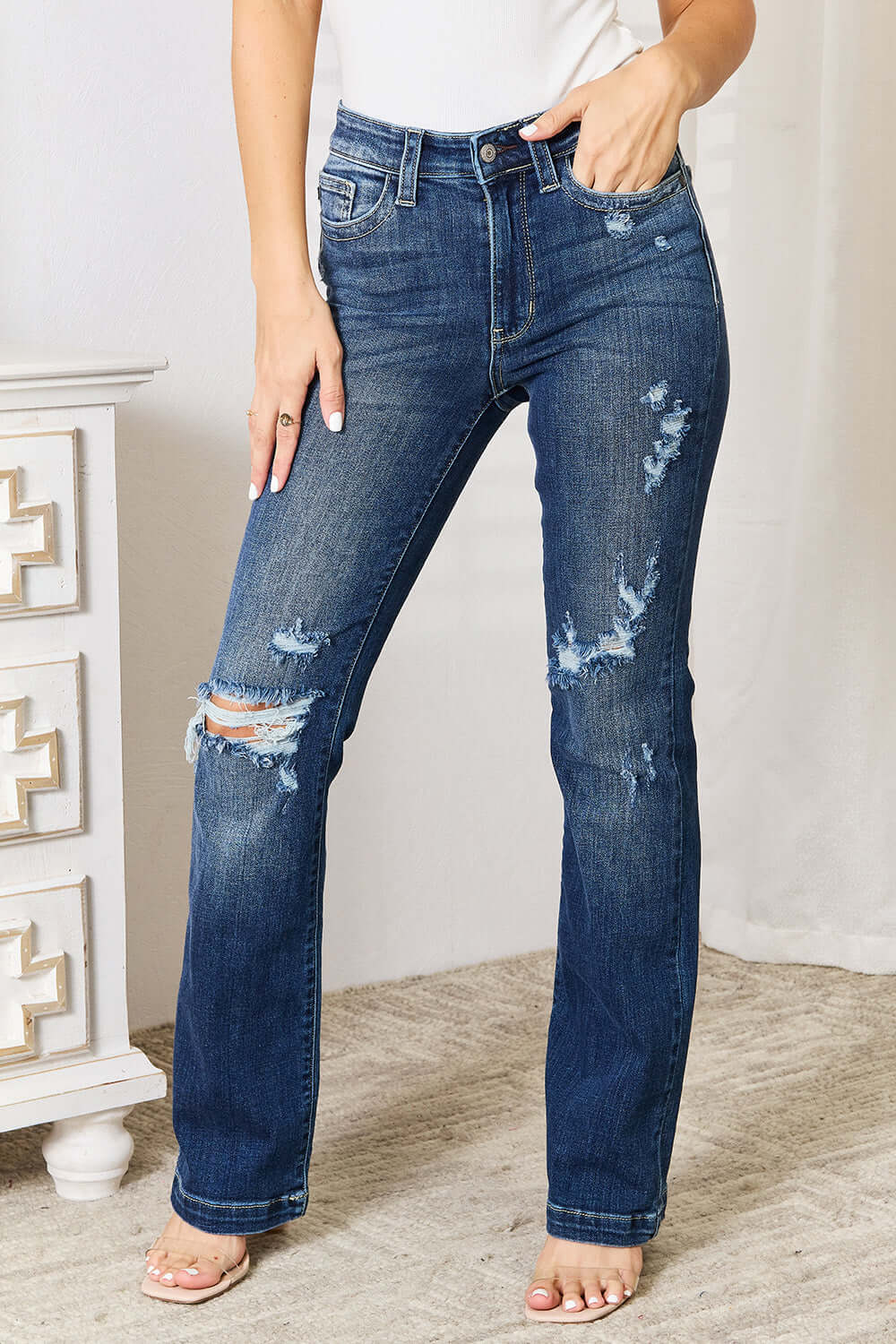 Judy Blue Jeans Mid Rise Hand Sand & Destroy Petite Bootcut Jeans with Distressed Detailing for a Trendy Look