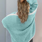 Woman wearing Tiffany Blue Double Take Contrast Open Front Cardigan with dropped shoulder design, showing back view.