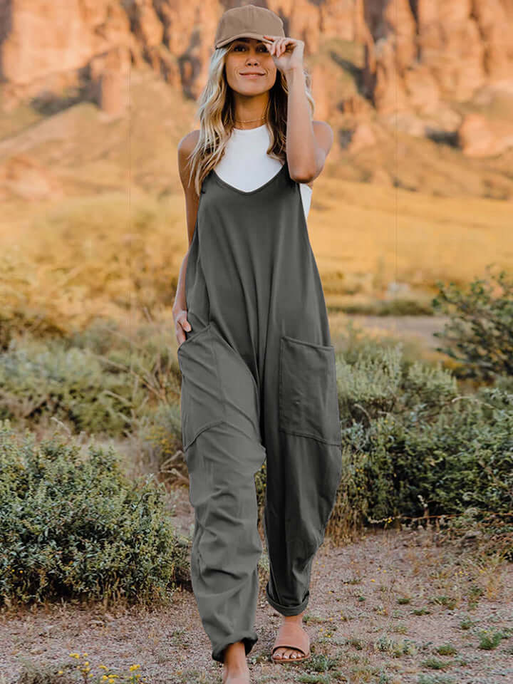 DOUBLE TAKE Full Size Sleeveless V-Neck Pocketed Jumpsuit at Bella Road