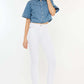 High Rise Ankle Skinny Jeans styled with a denim shirt and white sneakers, showcasing a trendy and flattering look