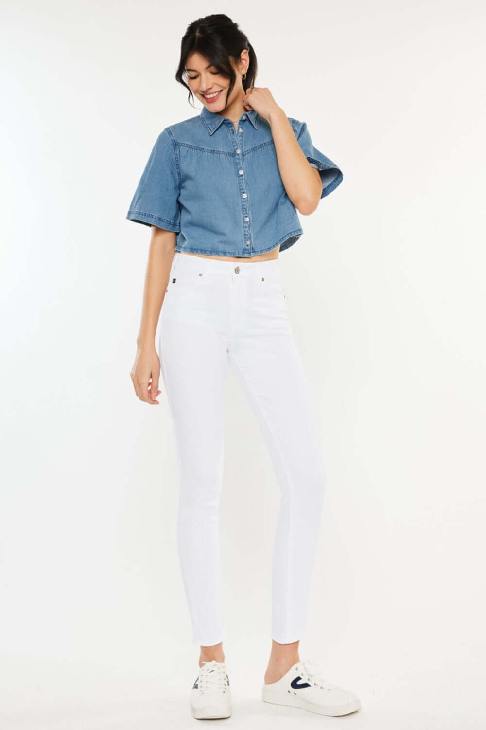 High Rise Ankle Skinny Jeans styled with a denim shirt and white sneakers, showcasing a trendy and flattering look