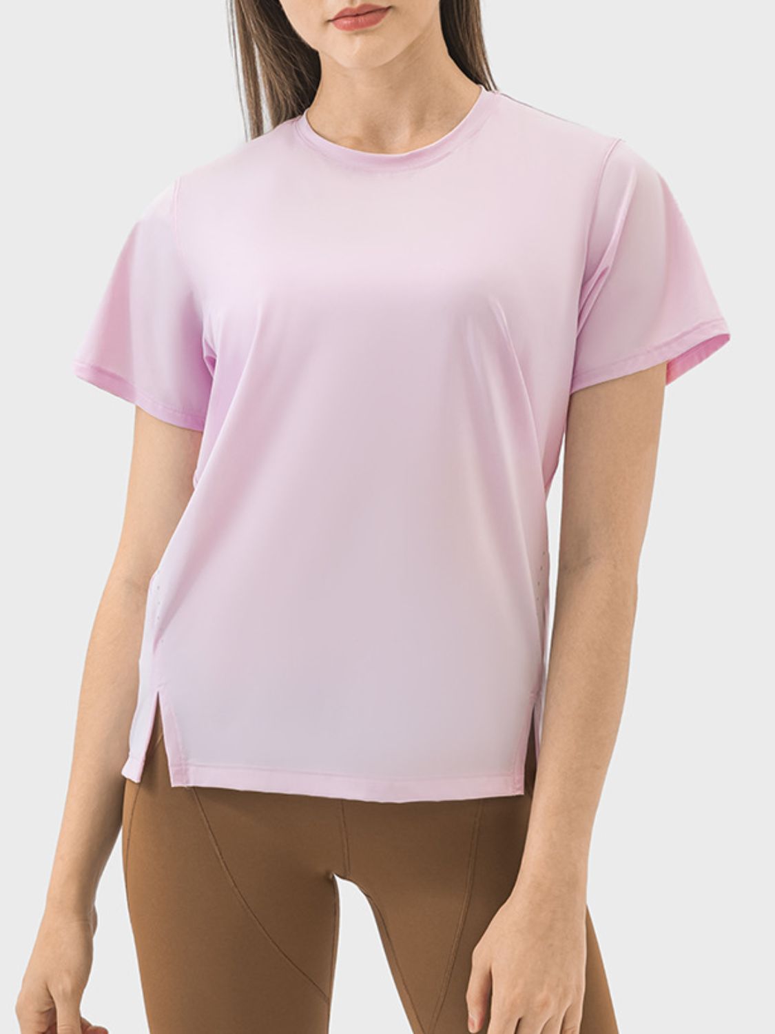 Millennia Slit Round Neck Short Sleeve Active T-Shirt in blush pink, perfect for stylish workouts with breathable fabric.