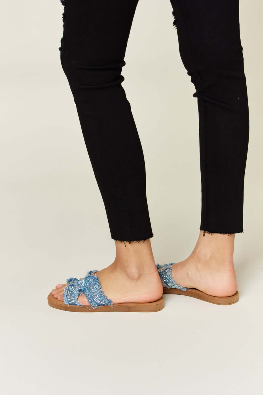 FOREVER LINK Raw Trim Denim H-Band Flat Sandals at Bella Road