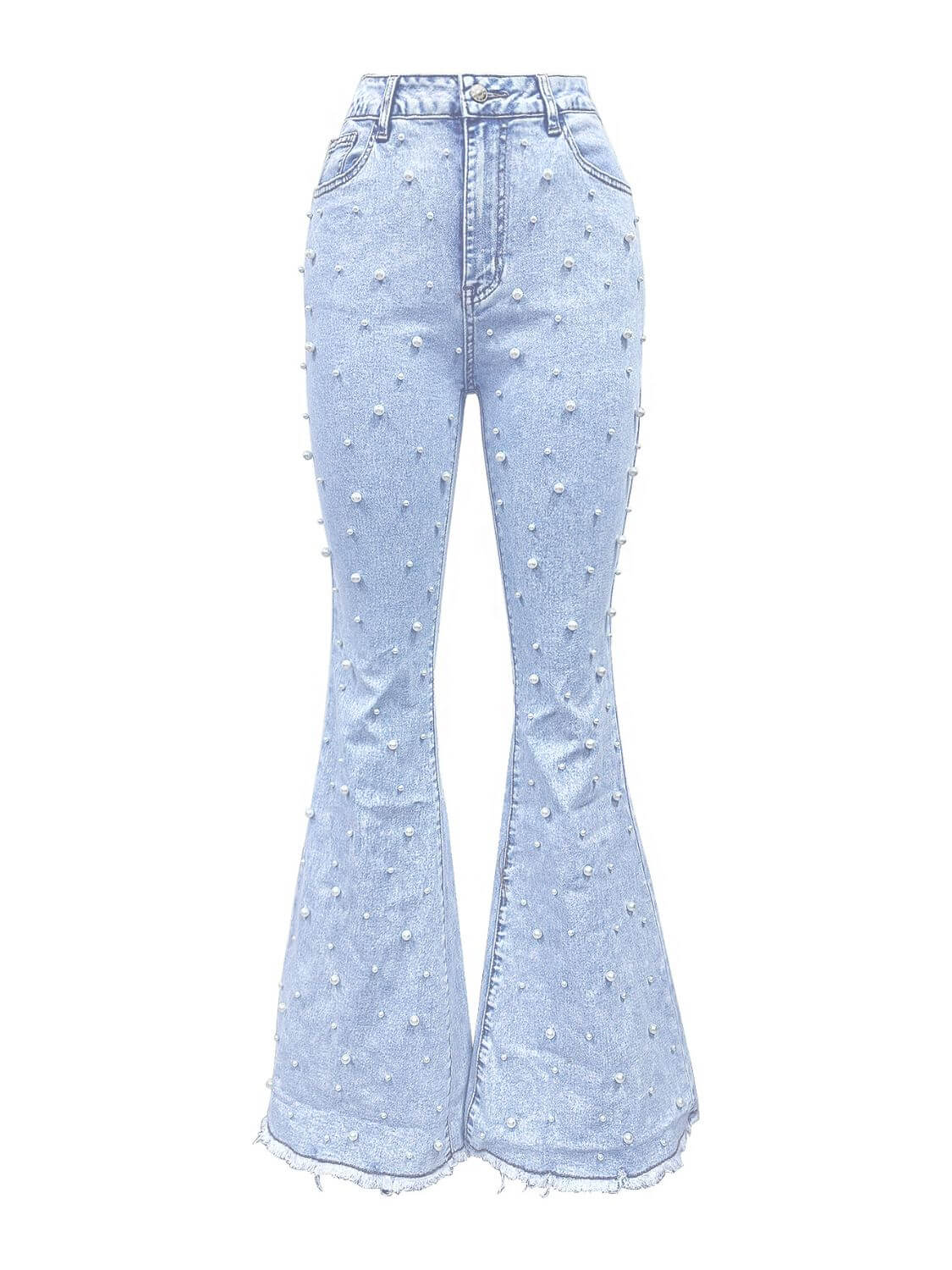 Bella Road light wash bootcut jeans with pearl trim and pockets, perfect for a chic casual look.