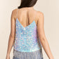 Sparkling sequin tassel hem flowy cami in light-catching colors, perfect for stylish layering or solo wear.