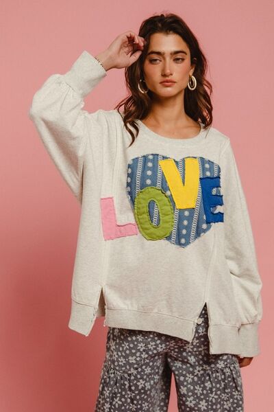 Cozy BiBi LOVE Heart Patch Slit French Terry Sweatshirt with colorful LOVE design, perfect for casual outfits.