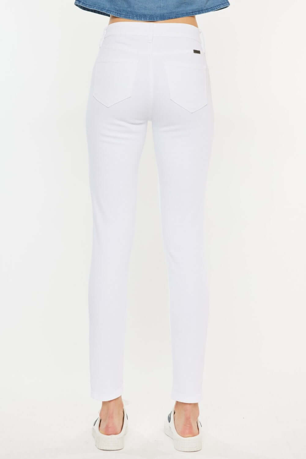 High Rise Ankle Skinny Jeans in white, showcasing back view and flattering fit, perfect for stylish and versatile outfits.