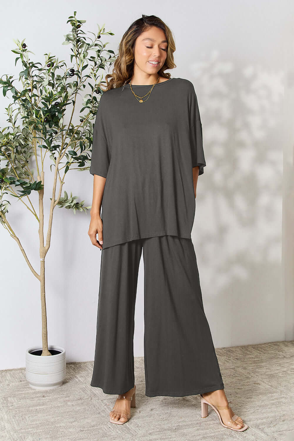 DOUBLE TAKE Full Size Round Neck Slit Top and Pants Set at Bella Road