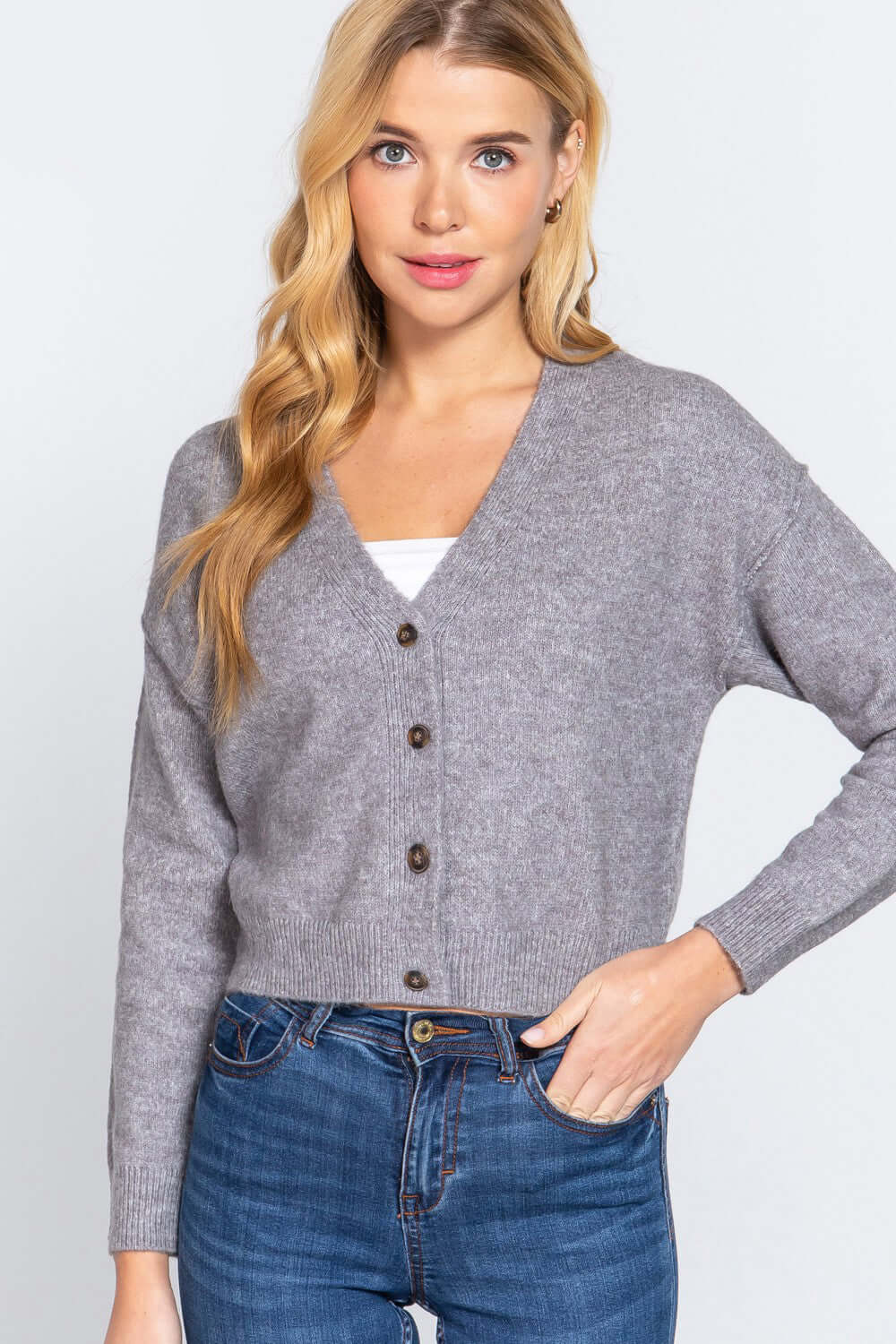 ACTIVE BASIC V-Neck Button Up Long Sleeve Knit Cardigan at Bella Road