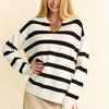 Davi & Dani High-Low Side Slit Striped Johnny Collar Sweater - White