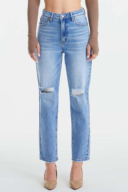BAYEAS High Waist Distressed Cat's Whiskers Washed Straight Jeans at Bella Road