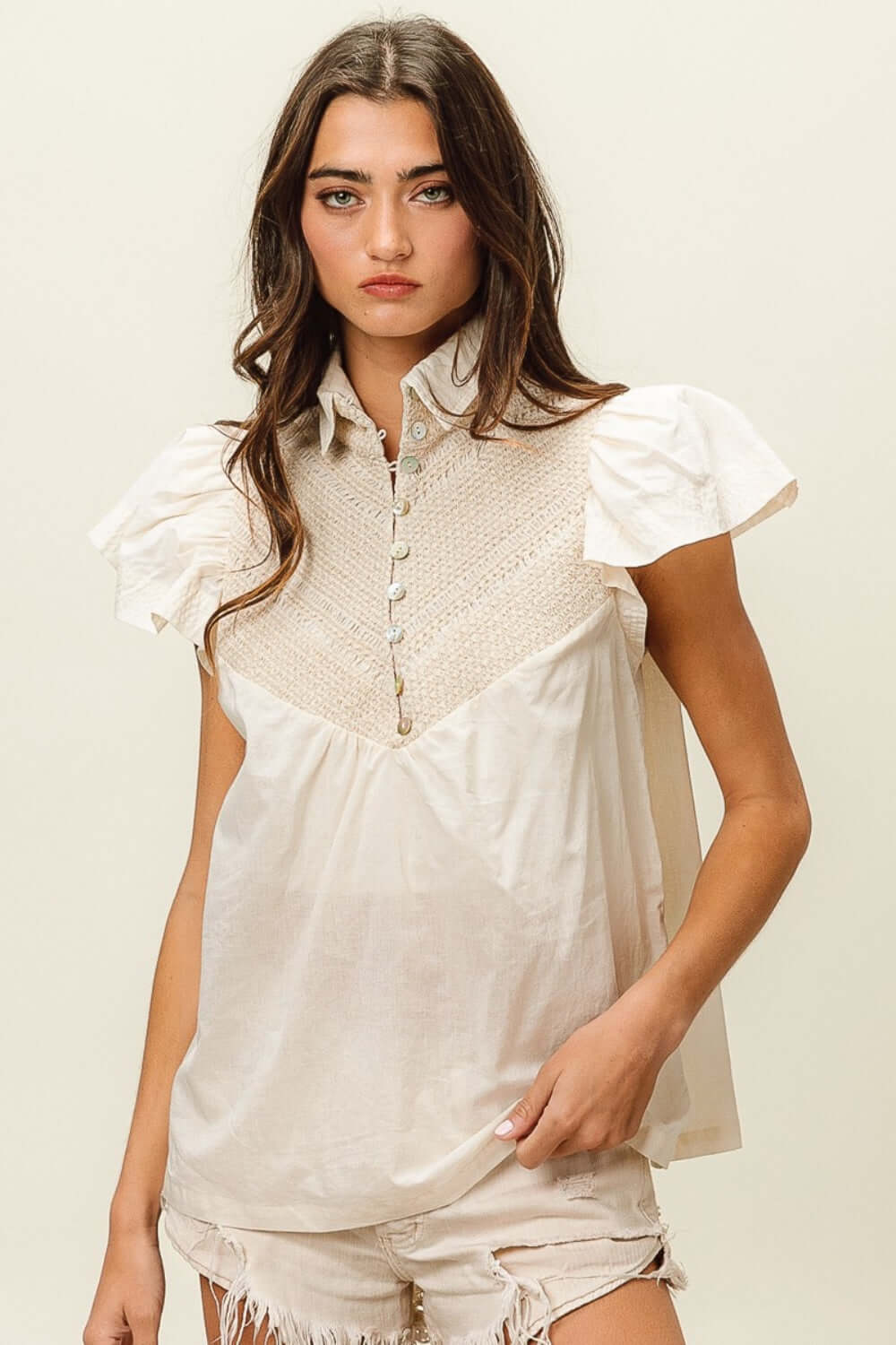 BIBI Half Button Collared Neck Short Sleeve Top at Bella Road