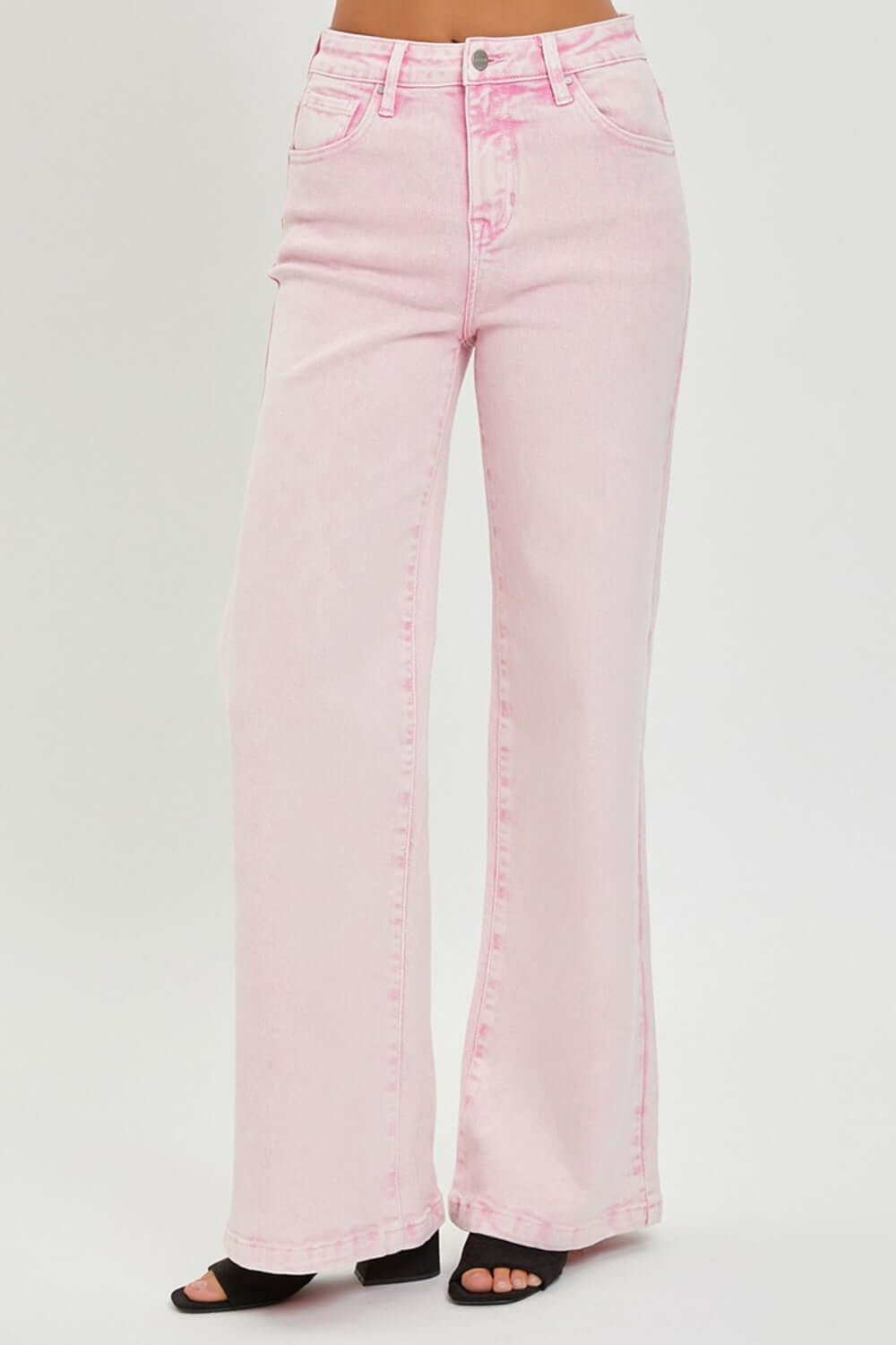 High Rise Tummy Control Wide Leg Risen Jeans in pink, showcasing a flattering retro flair and comfortable support for a confident look.