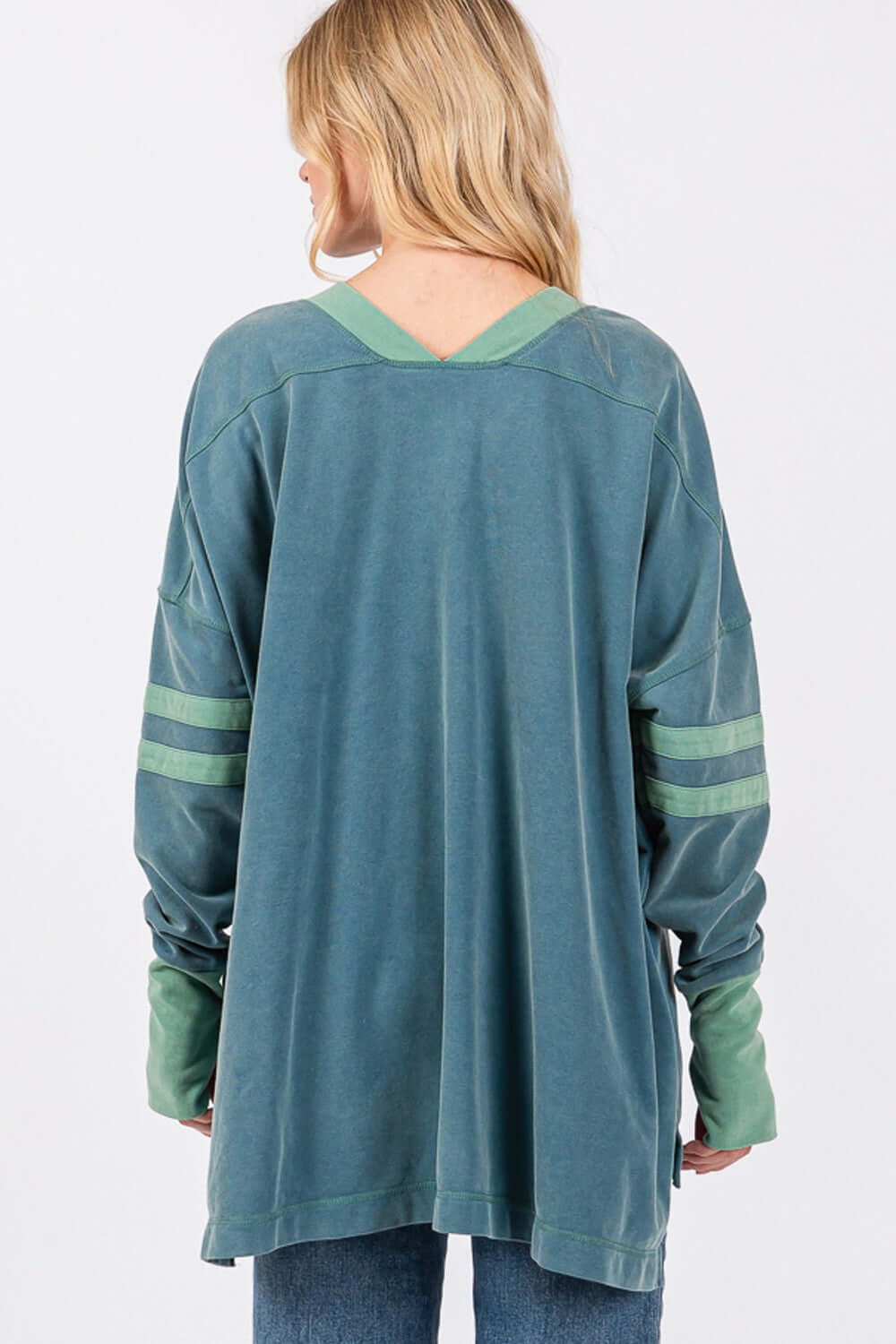 Mineral Wash Side Slit Contrast T-Shirt with V-neck and long sleeves, back view, band accents and keyhole details in stylish design