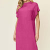 Texture Mock Neck Short Sleeve Dress | Full Size - Hot Pink