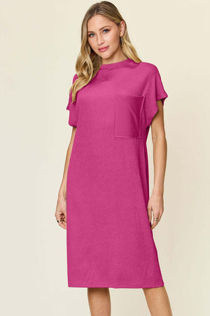 DOUBLE TAKE Full Size Texture Mock Neck Short Sleeve Dress at Bella Road