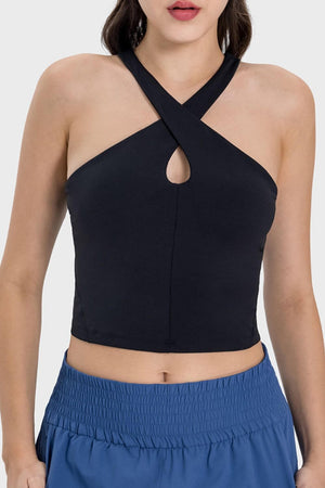 Millennia Crisscross Grecian Neck Active Cami in black, showcasing a stylish cut and unique neckline perfect for workouts.