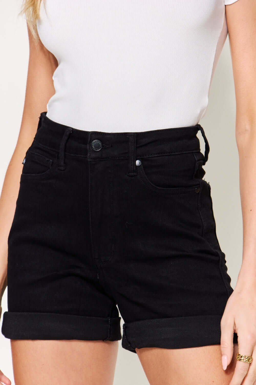 High Waist Tummy Control Cuffed Denim Shorts by Judy Blue Jeans in black, perfect for summer with a stylish hem and slimming effect.