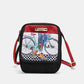 Nicole Lee USA printed nylon crossbody bag with colorful design and red strap