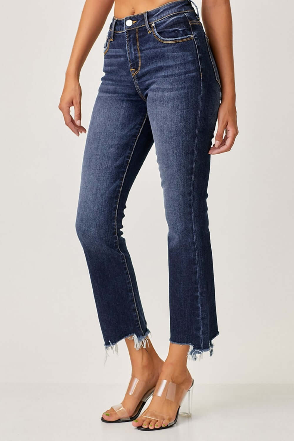 Frayed hem cropped straight jeans in dark blue, perfect for petite sizes, showcasing trendy and stylish look from Risen Jeans