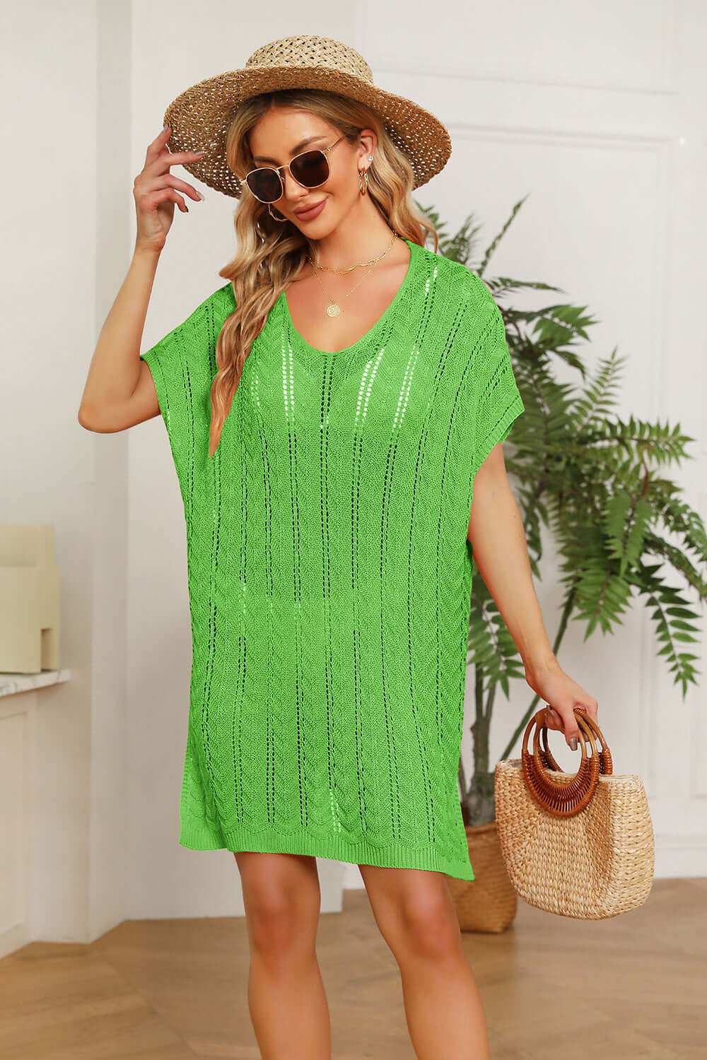 DOUBLE TAKE Openwork Short Sleeve Slit Knit Cover Up at Bella Road