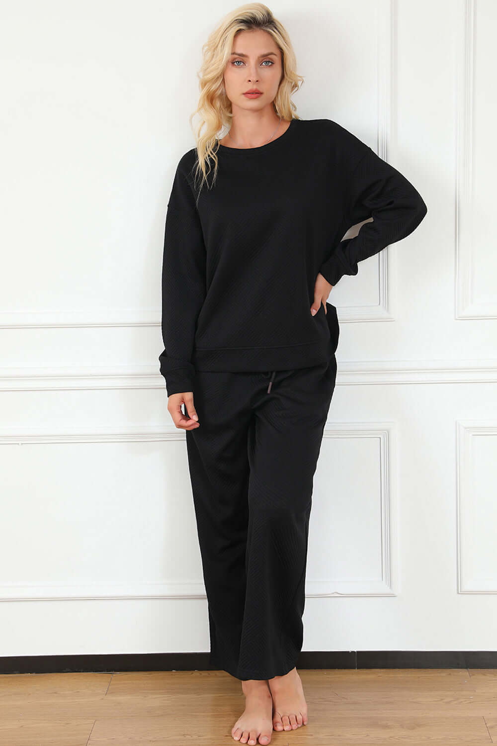 DOUBLE TAKE Full Size Textured Long Sleeve Top and Drawstring Pants Set at Bella Road