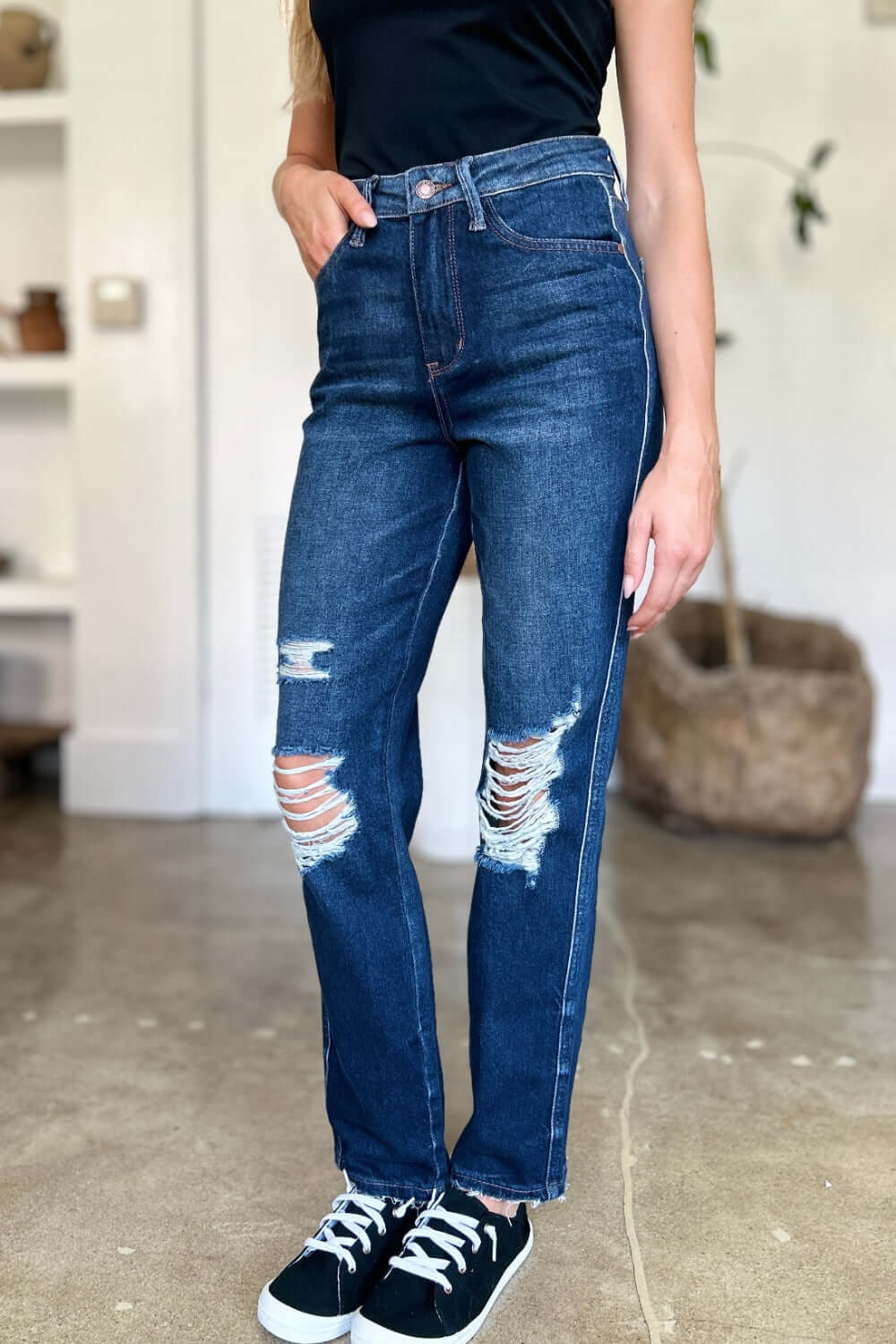 High Waist Rigid Magic Heavy Destroy Straight Jeans by Judy Blue, featuring heavy distressing and a flattering high waist for stylish edge