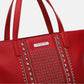 Nicole Lee USA red studded large tote bag made from vegan leather with dual top handles and stud detailing.