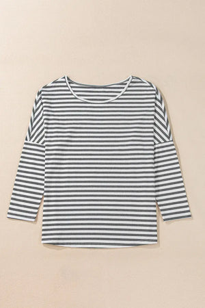 Bella Road Striped Round Neck Long Sleeve Top in black and white stripes for a casual, chic look. Comfy cotton blend, slightly stretchy.