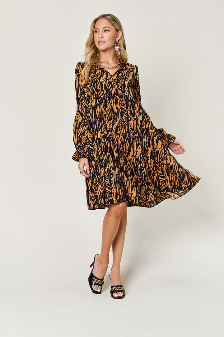 DOUBLE TAKE Full Size Printed Ruffle Hem Long Sleeve Dress at Bella Road