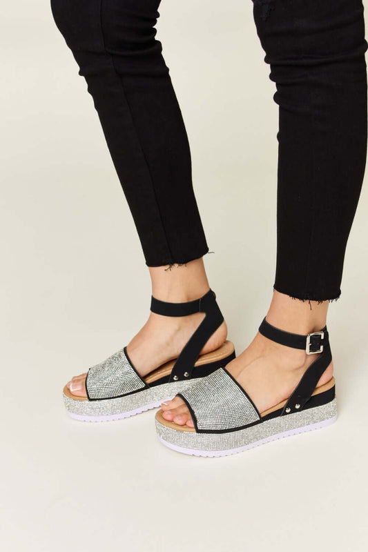 FOREVER LINK Rhinestone Buckle Strappy Wedge Sandals at Bella Road