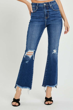 High Rise Distressed Crop Flare Risen Jeans with chic ripped detailing and cropped flare finish for a trendy and edgy look.