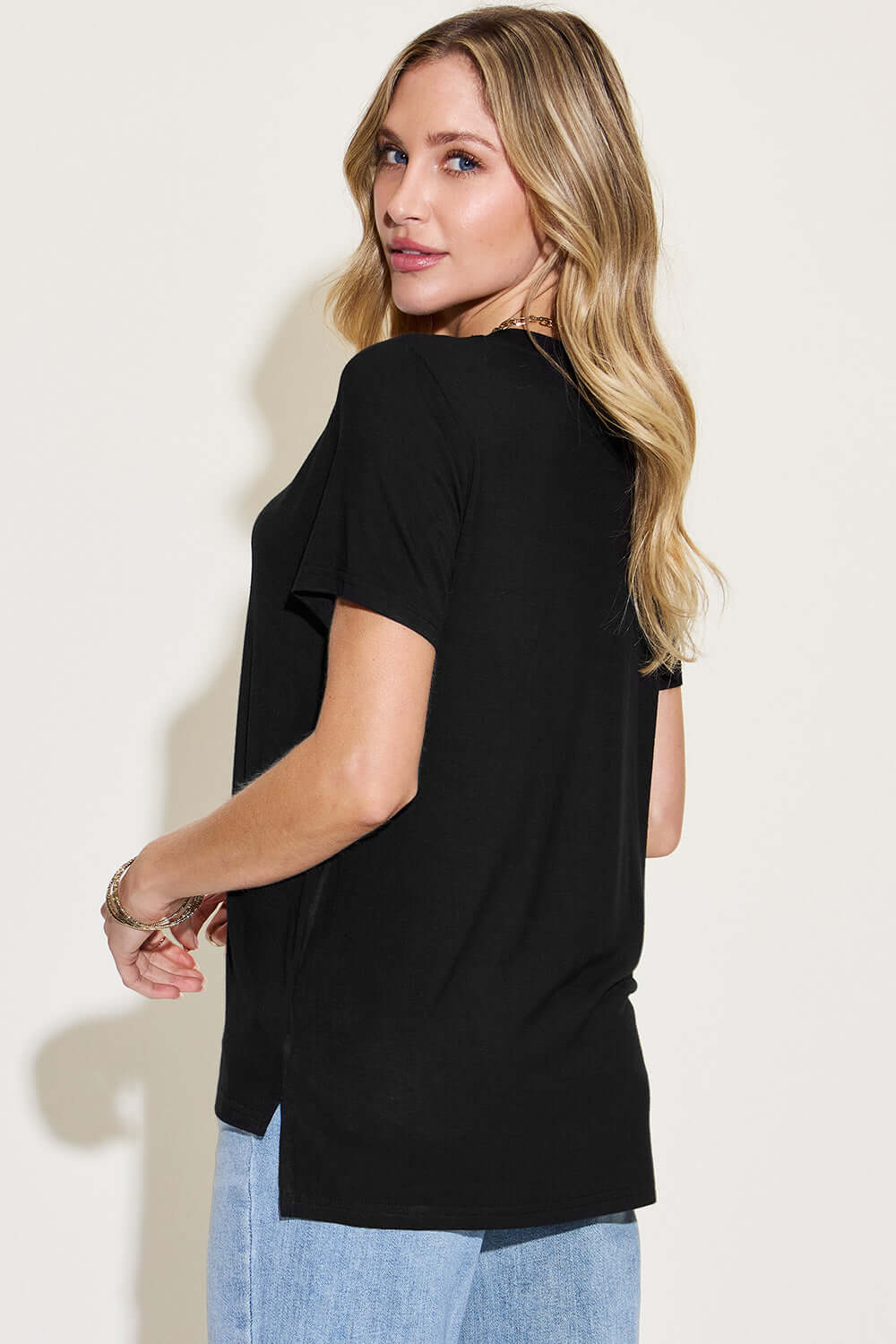 BASIC BAE Full Size V-Neck High-Low T-Shirt at Bella Road