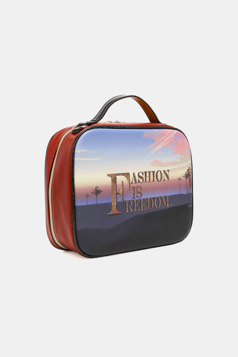 Nicole Lee USA printed handbag with "Fashion is Freedom" design, pebbled and glossy patent leather, medium-sized with three pouches.