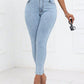 Woman wearing Bella Road high waist skinny jeans with pockets in light blue color.