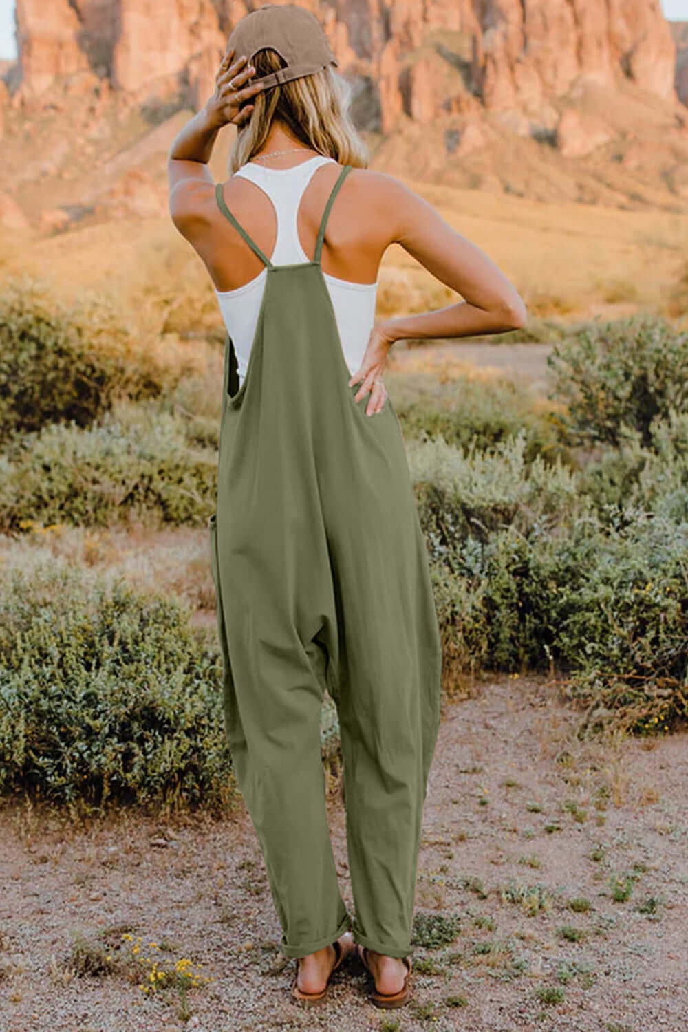 DOUBLE TAKE Full Size V-Neck Sleeveless Jumpsuit with Pockets at Bella Road