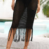 Fringe Hem Drawstring Waist Openwork Skirt - Black