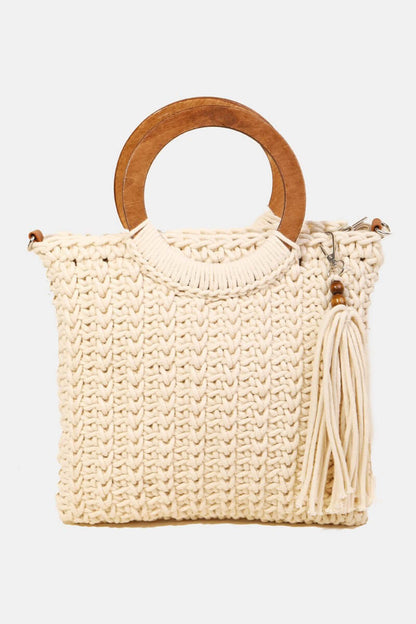 FAME Crochet Knit Convertible Tote Bag with Tassel at Bella Road